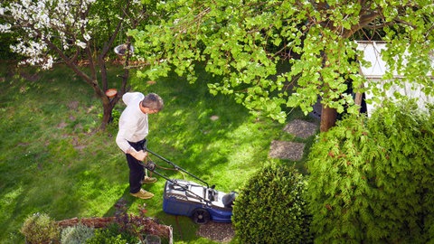 Ein Mann mäht in einem Garten Rasen