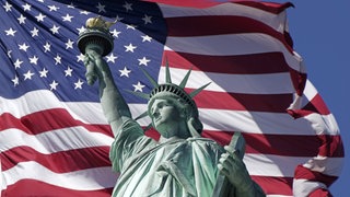 Freiheitsstatue, Montage mit amerikanischer Flagge, Staten Island, New York City, USA.