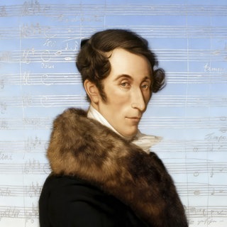 Carl Maria von Weber, 1786 1826, deutscher Komponist, Dirigent und Pianist (digital bearbeitet nach einem Gemälde von Ferdinand Schimon, Notizblatt zur romantischen Oper "Der Freischütz").