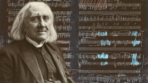 Porträt von Franz Liszt (Fotografie von Nadar) mit den Noten von Années de pèlerinage, Suite für Klavier solo