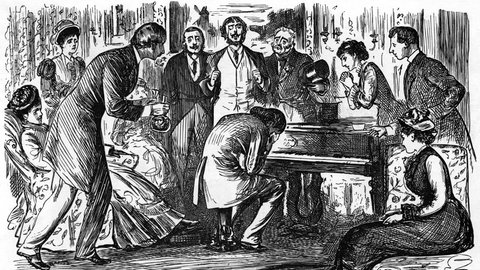 Kupferstich eines Pianisten der am Flügel weint
