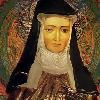 Figur der Hildegard von Bingen, Sibylle vom Rhein, 1098-1179, deutsche Benediktineräbtissin und Universalgelehrte, digital bearbeitet.
