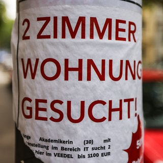 Auf einem Zettel für ein Wohnungsgesuch an einem Laternenpfahl in der Südstadt in Köln steht „2 Zimmer Wohnung gesucht!“ Die Wohnungskrise spitzt sich aus Sicht von Mieterschützern, Wohlfahrtsverbänden und Gewerkschaften zu.