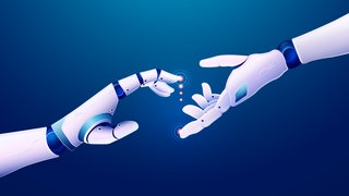 Zwei Roboterhände symboliseren die Chancen und Risiken von KI