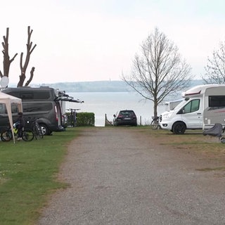 Campingplatz mit Wohnmobilen und Blick auf den Bodensee