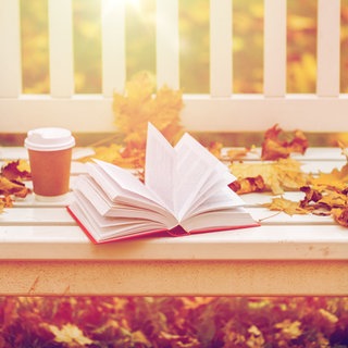Parkbank mit Herbstlaub, Buch und Kaffeebecher