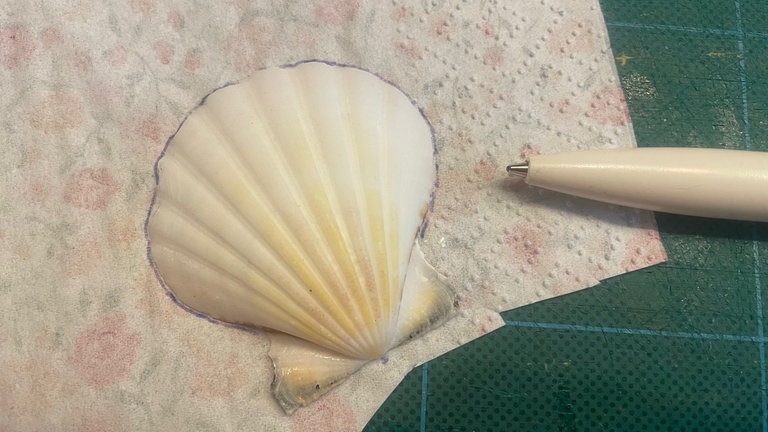Die Muscheln mit dem Inneren nach unten auf die linke Seite der Serviette legen. Umriss mit dem Stift nachzeichnen.