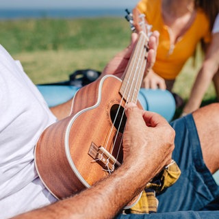 Ein Mann sitzt auf einer Wiese und spielt Ukulele | Warum mehr Erwachsene ein Instrument lernen sollten