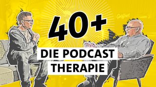 40+ Die Podcast Therapie: Tipps für eine Generation zu Sex, Konflikten und Beziehungen (Fotocollage: Florian Weber (links) und Christian Peter Dogs (rechts) auf gelbem Hintergrund mit Schriftzug "40+ Die Podcast Therapie" und ARD Logo). 