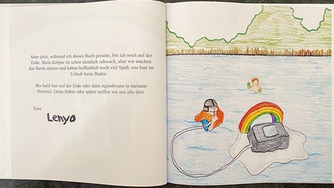 SWR1 Neuanfang: Foto aus dem Buch "Mein Himmel", das Lenya geschrieben und gezeichnet hat. Hier beschreibt sie, wie sie sich den Himmel vorstellt. Das Buch hat sie geschrieben, um anderen Kindern Mut zu machen und die Angst vor dem Sterben und dem Tod zu nehmen. Sie hat es kurz vor ihrem eigenen Tod noch im Kinderhospiz Stuttgart fertigstellen können.