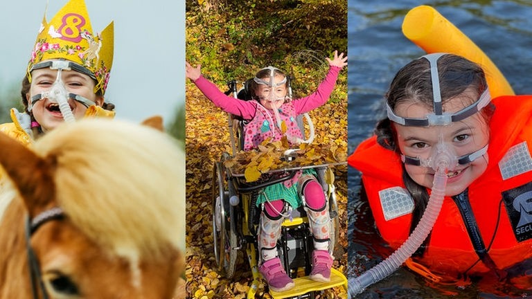 SWR1 Neuanfang: Immer mit einem Lachen auf dem Gesicht und voller Freude - Lenya an ihrem letzten Geburtstag auf der Isländer-Stute Elja, beim Herbst-Ausflug und mit Schwimmweste und Beatmungsgerät im Wasser.
