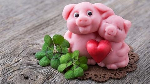 Marzipanschweine und vierblättrige Kleeblätter.