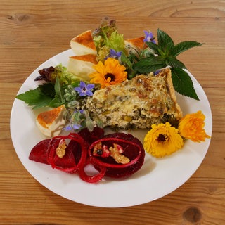 Sarah Alberts Menü: Brennesselquiche mit Wildkräuter- und roter Beetesalat 