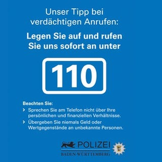 SWR1 Ratgeber: Die Polizei Baden-Württemberg warnt vor Betrügern am Telefon. Mißtrauen Sie unbekannten Anrufern, sprechen sie nicht über persönliche und finanzielle Verhältnisse und übergeben Sie niemals Geld oder Wertgegenstände an unbekannte Personen. Die Polizei rät: sofort auflegen und 110 anrufen. 