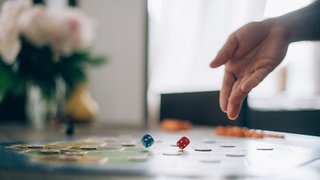 Ein Brettspiel mit Würfeln und Spielfiguren im Hintergrund.