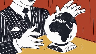 Wahrsager mit Weltkugel als Kristallkugel. Auf Prognosemärkten wetten Nutzende Geld auf Ereignisse wie Kreig in der Zukunft.