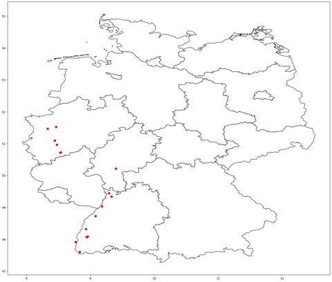 Landkarte der mit geöffneten Blüten gemeldeten Apfelbäume - Stand 1. April mittags.