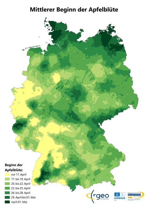 Landkarte des mittleren Blühbeginns der Apfelblüte in Deutschland, errechnet aus den Daten der Apfelblütenaktion aus den Jahren 2006 bis 2025.
