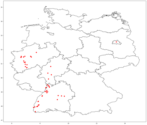 Landkarte der bei der Apfelblütenaktion gemeldeten Apfelbäume mit geöffneten Blüten. Stand 6. April.