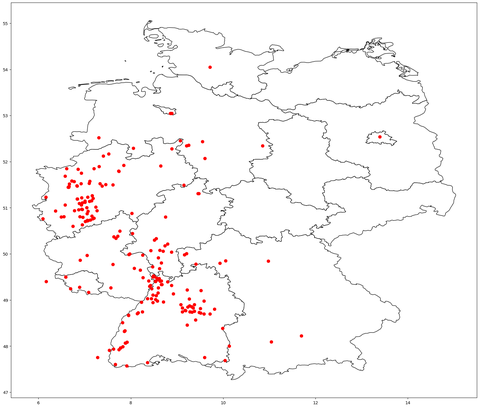 Landkarte der Standorte der bis zum 13. April bei der Apfelblütenaktion gemeldeten Bäume.