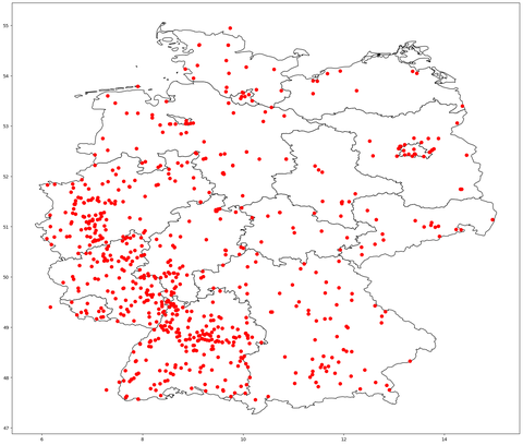 Landkarte der bis zum 8. Mai bei der Apfelblütenaktion gemeldeten Bäume. Mittlerweile sind viele davon bereits verblüht.