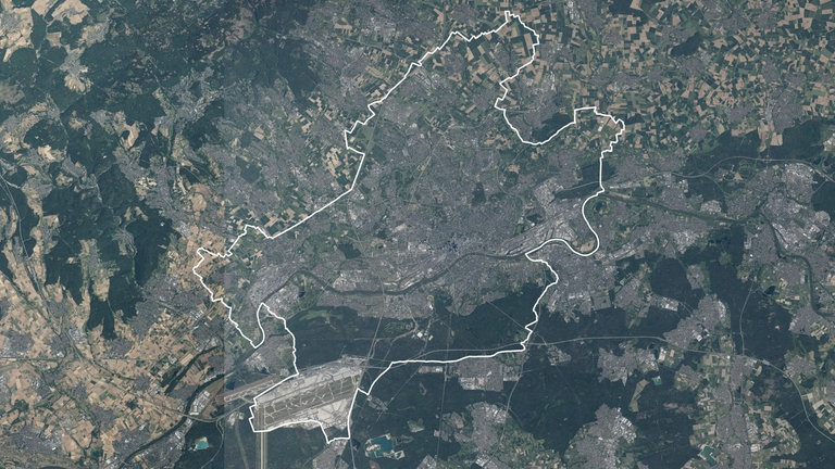 Luftbild von Frankfurt Quelle: Digitales Orthophoto © Hessisches Landesamt für Bodenmanagement und Geoinformation (HVBG), 2023
