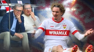 Grafik mit Nick Woltemade von den Bayern-Bossen Jan Christian Dreesen sowie Max Eberl