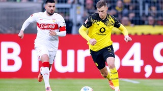 Deniz Undav hat im Hinspiel drei Tore für den VfB Stuttgart geschossen. BVB-Verteidiger Nico Schlotterbeck konnte den Nationalstürmer nicht aufhalten.