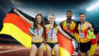 Gesa Krause, Olivia Gürth, Leo Neugebauer und Niklas Kaul (v.l.) feiern ihre EM-Medaillen