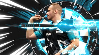 Dartsspieler Max Hopp eingerahmt in eine Darts-Grafik. "Sport erklärt" ist auf der Suche nach dem perfekten Wurf im Darts.