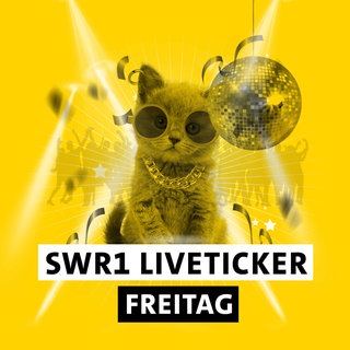 SWR1 Hitparaden-Kätzchen mit Discokugel, Sonnebrille, tanzenden Menschen und dem Schriftzug "SWR1 Liveticker Freitag"