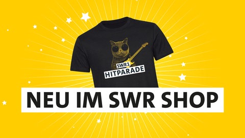Die SWR1 Hitparaden-Katze auf einem schwarzen T-Shirt mit dem Schriftzug "Neu im SWR Shop"