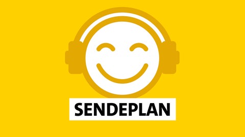 Ein gelbes Lach-Emoji mit einem Kopfhörer, darunter das Wort Sendeplan auf gelbem Hintergrund.