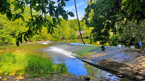 Flussbaden in historischer Kulisse: in der Jagst in Schöntal im Hohenlohekreis. Dort gibt es eine ganz besondere idyllische Badestelle, umgeben von Natur direkt neben dem alten Zisterzienserkloster, für jeden zugänglich und umsonst.  