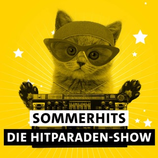 SWR1 Hitparaden-Kätzchen mit Stirnband, Sonnenbrille, Ghettoblaster und dem Schriftzug "Sommerhits Die Hitparaden-Show"
