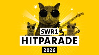 Die Katze der SWR1 Hitparade 2026 in Baden-Württemberg mit Sonnenbrille zusammen mit zwei süßen Kätzchen 