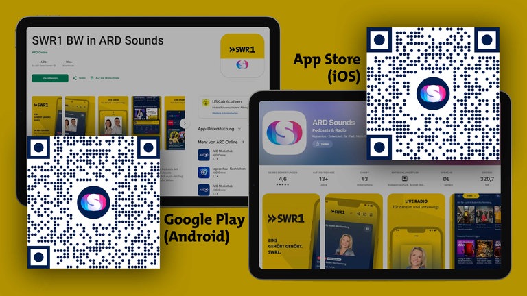 Abbildung der SWR1 BW Welt in der ARD Sounds App in den beiden App Stores für Android und iOS-Geräte mit QR Codes