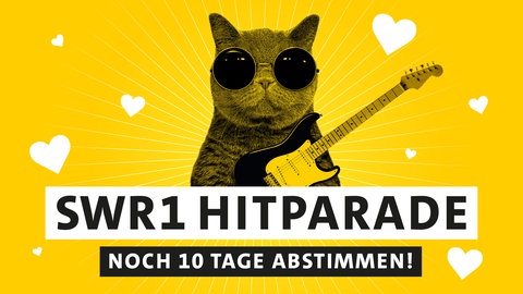 Die Katze der SWR1 Hitparade in Baden-Württemberg mit Sonnenbrille, Gitarre und dem Schriftzug "SWR1 Hitparade Noch 10 Tage abstimmen!"