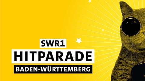 Eine Katze mit Sonnenbrille und Gitarre auf gelbem Hintergrund mit dem Schriftzug "SWR1 Hitparade Baden-Württemberg"