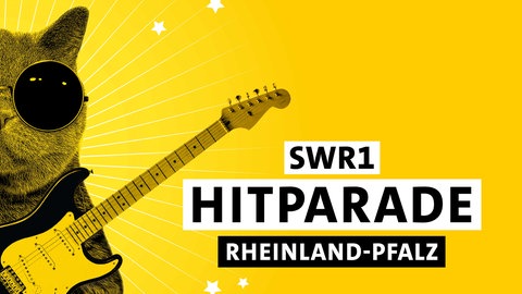 Eine Katze mit Sonnenbrille und Gitarre auf gelbem Hintergrund mit dem Schriftzug "SWR1 Hitparade Rheinland-Pfalz"