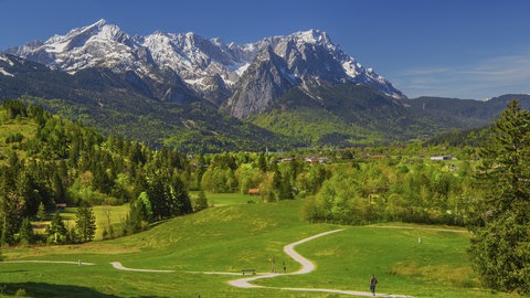 Ein Wanderweg mit der Zugspitzgruppe im Hintergrund