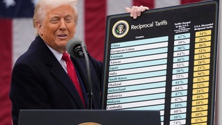 US-Präsident Trump hält ein Schild mit einer Tabelle für verschiedene Zölle in die Kamera.