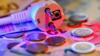 Symbolfoto: Strompreis und Energiekosten. Ein Schuko-Stecker (Schutzkontakt-Stecker) ist symbolisch zusammen mit Muenzen und Geldscheinen zu sehen