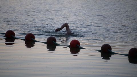 Ein Mann schwimmt am frühen Morgen in einem Badesee.