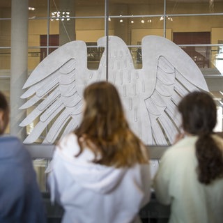 Schülerinnen blicken ins Plenum im Deutschen Bundestag.