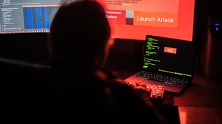 Eine Person sitzt vor Bildschirmen, die Hacker-Programme und eine fiktive Fernlösch-Software zeigen. (Symbolbild)