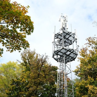 Ein Mobilfunkmast steht am Rande eines Wohngebiets. 