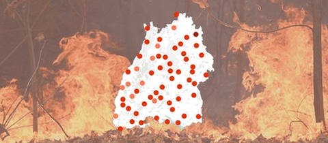 Eine Karte von Baden-Württemberg zeigt, wie hoch die Waldbrandgefahr aktuell an den Messstationen des Deutschen Wetterdienstes ist.