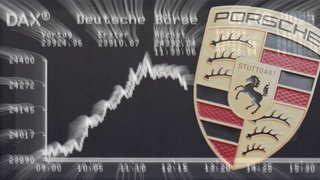 Ein Porsche-Logo vor dem Dax-Chart (Fotomontage Symbolbild)