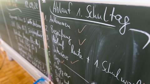 Ein Ablaufplan für den 1. Schultag steht an einer Tafel in einem Klassenzimmer. 